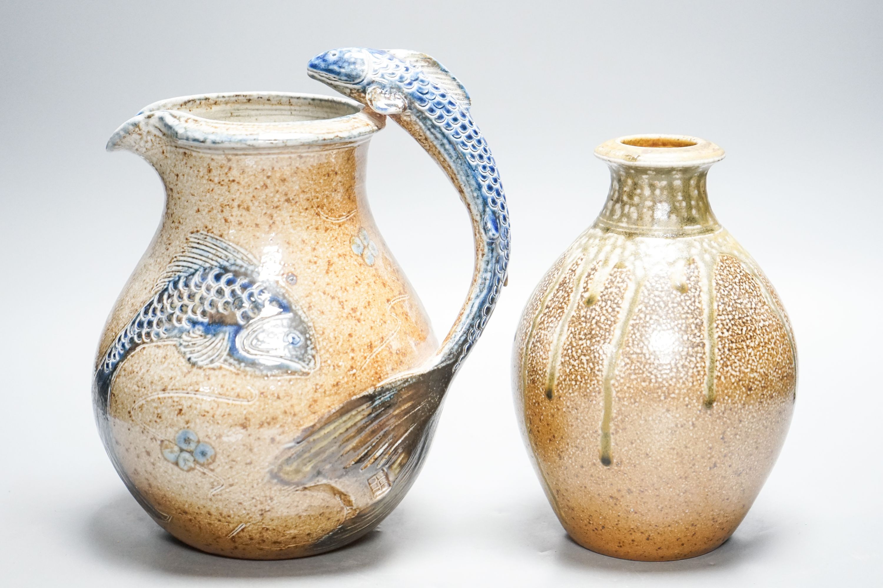 Toff Milway (b.1949) for Conderton Pottery, an ovoid stoneware vase and a fish handled jug 25cm